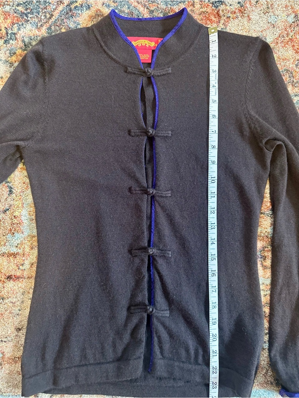 Shanghai Tang Brown Knit Mandarin Collar Cardigan with Purple Trim 100% Wool - Picture 8 of 8